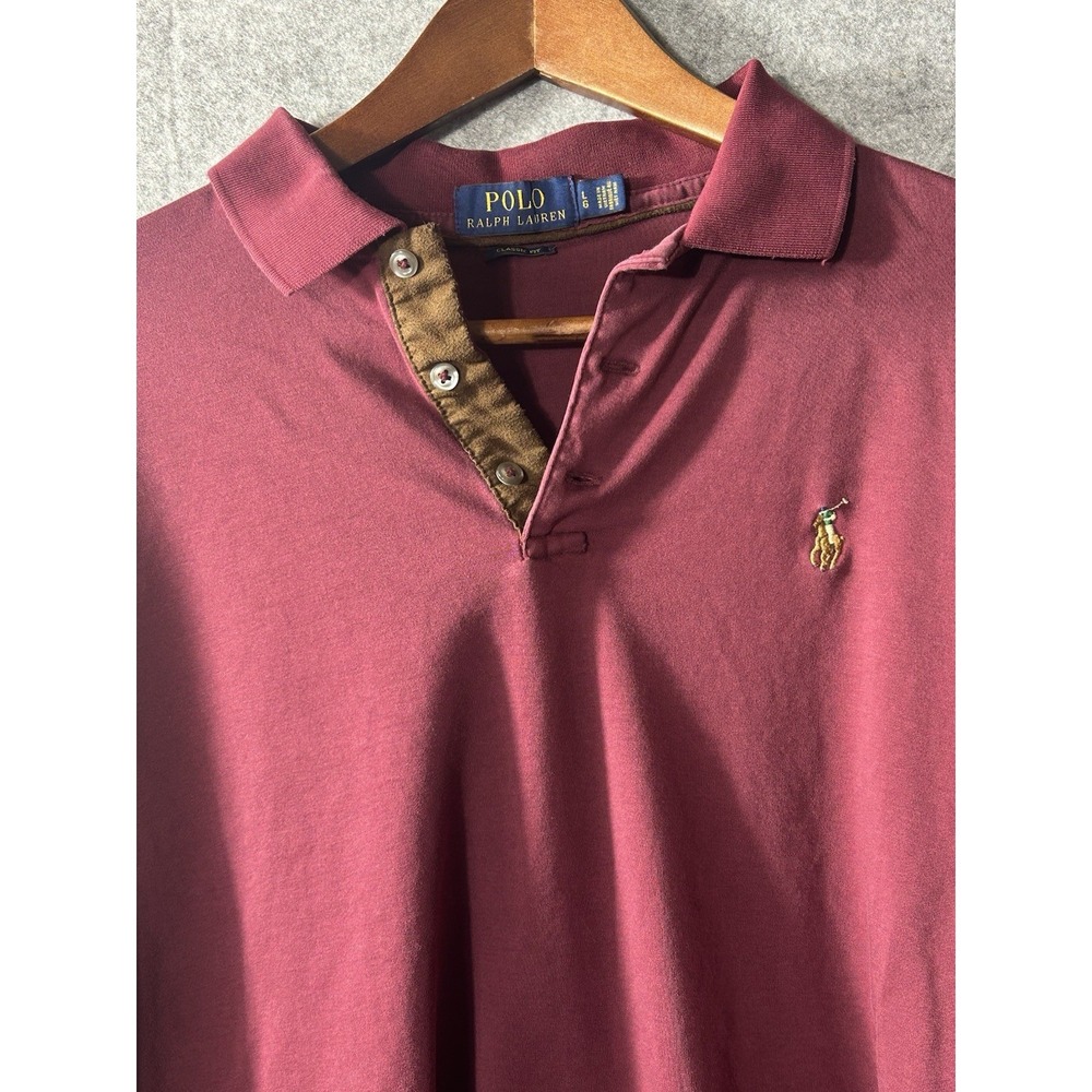 Polo Ralph Lauren Classic Fit Long Sleeve Polo Shirt Burgundy Suede Trim Men's L